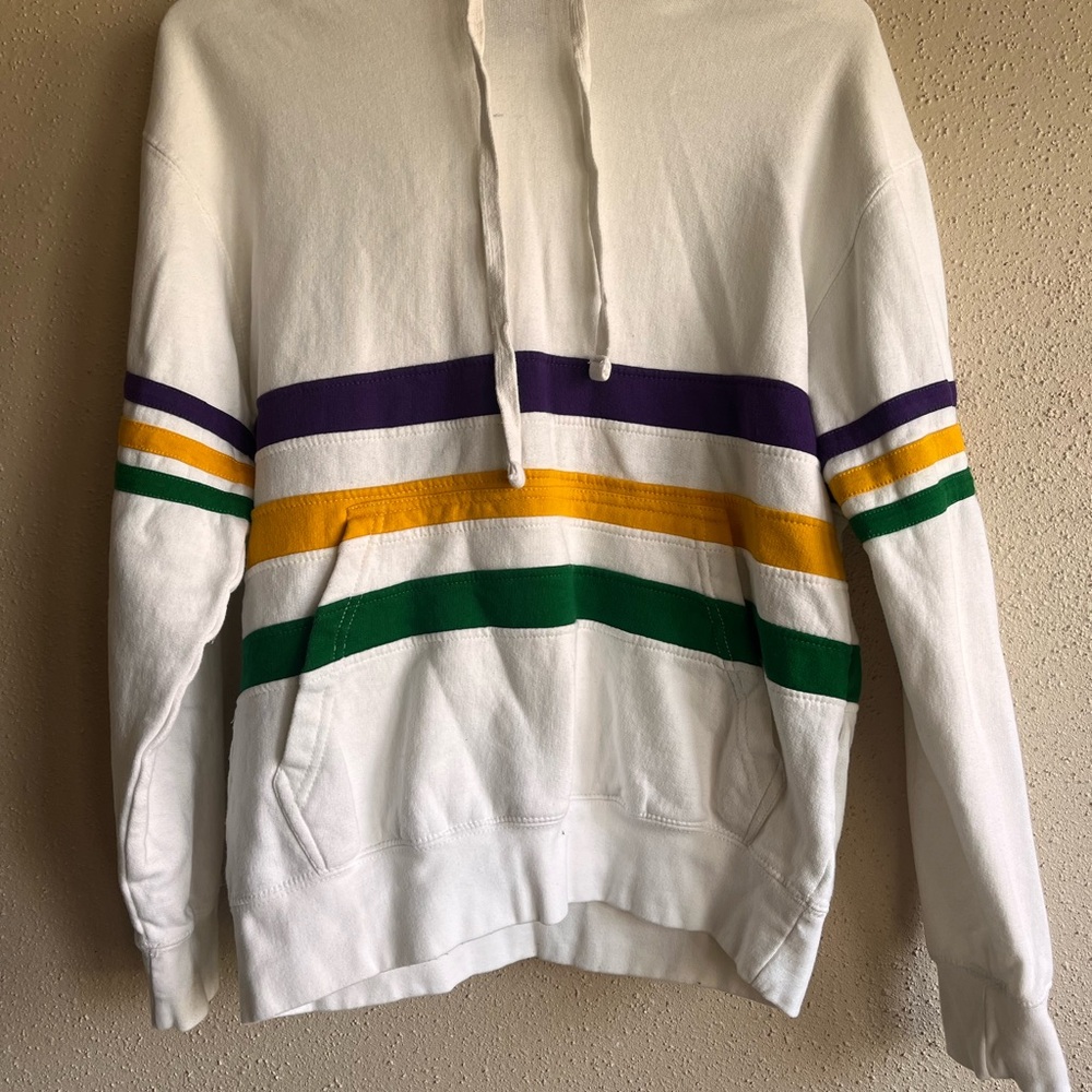 Adult Unisex Mardi Gras Striped Pullover White Hoodie Nola Size Small